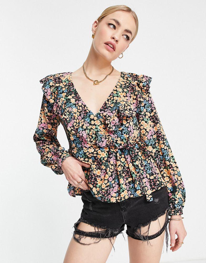 Topshop floral wrap blouse in multi商品第1张图片规格展示