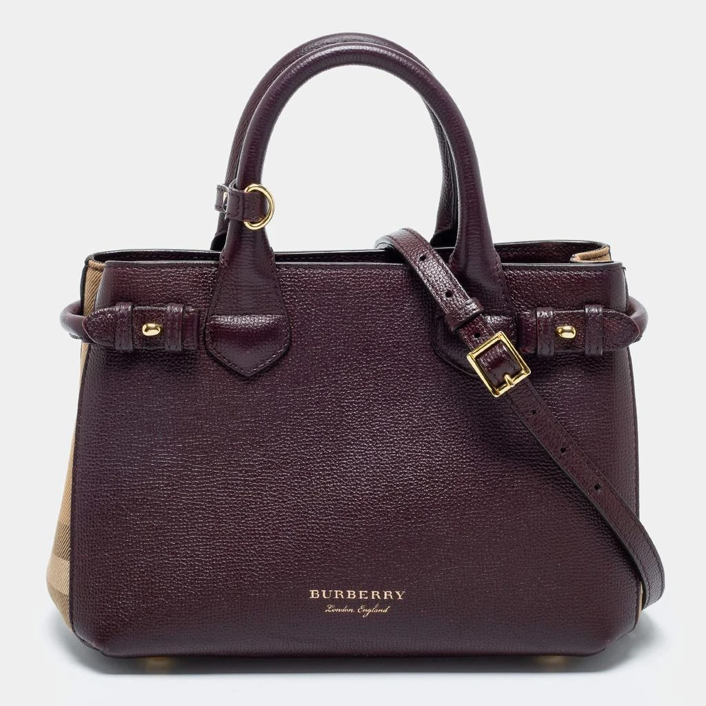 商品[二手商品] Burberry|Burberry Burgundy/Beige Leather and House Check Canvas Small Banner Tote,价格¥5424,第1张图片