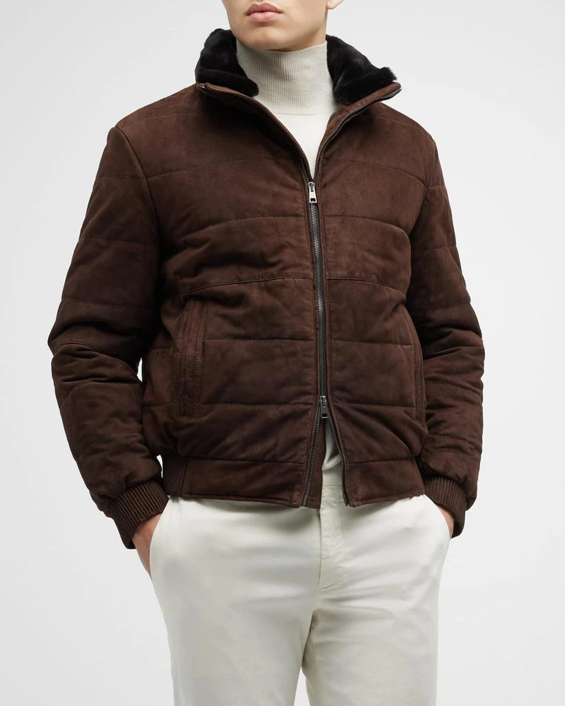 商品Neiman Marcus|Men's Suede Puffer Jacket with Shearling-Lined Collar,价格¥3429,第1张图片