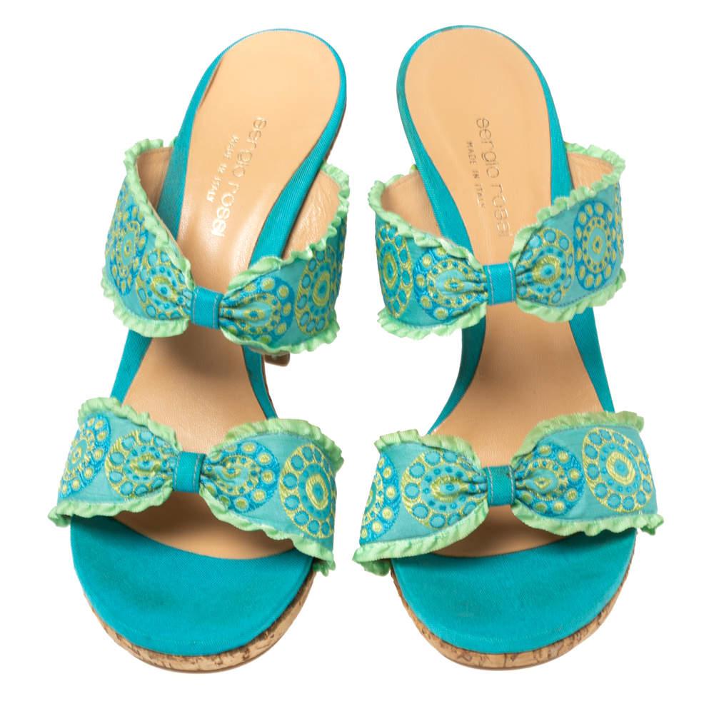 Sergio Rossi Blue/Green Embroidered Fabric and Pleated Trim Double Bow Slide Sandals Size 41商品第3张图片规格展示