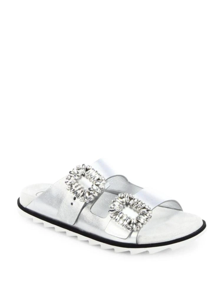 商品Roger Vivier|Roger Vivier - Slidy Viv Crystal Buckle Metallic Leather Slides,价格¥9386,第1张图片