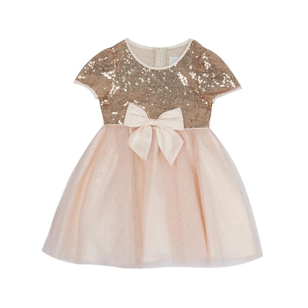 商品Rare Editions|Baby Girls Sequins Bodice to Mesh Glitter Skirt and Bow Detail Dress,价格¥313,第1张图片