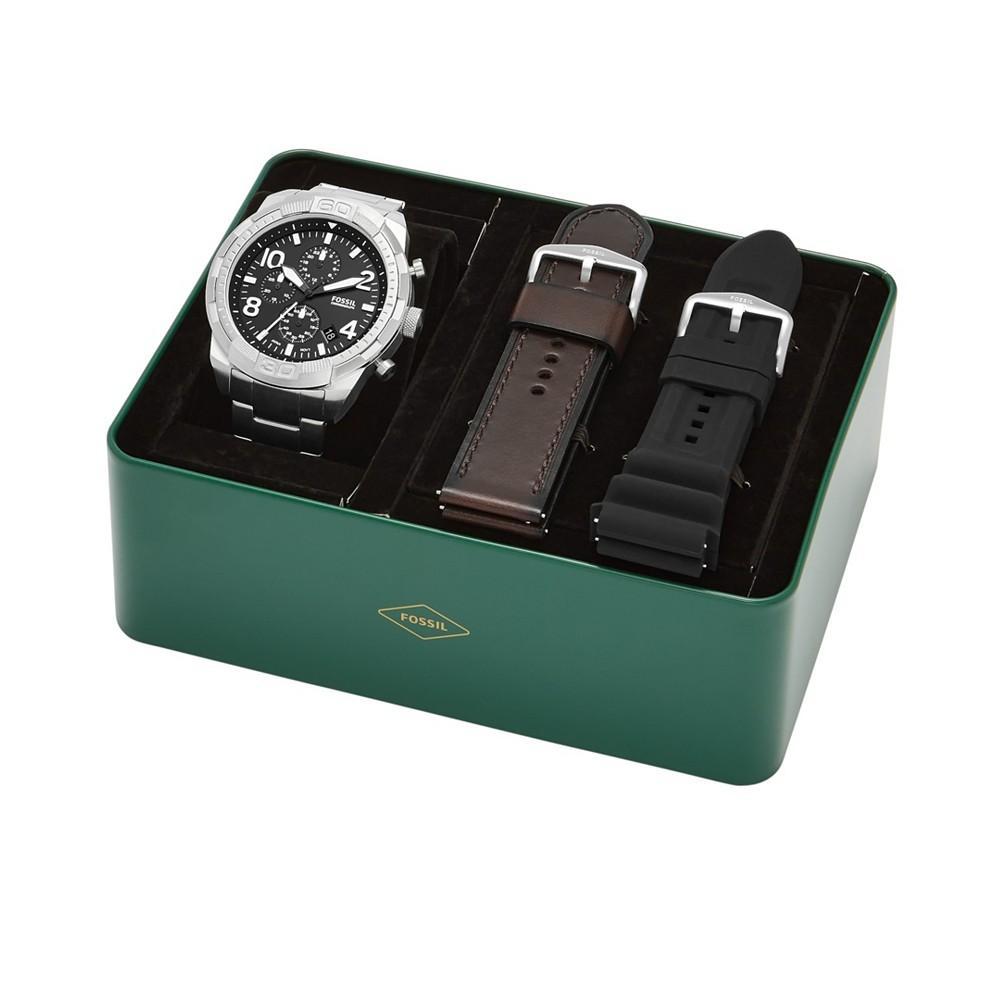 商品Fossil|Men's Bronson Chronograph, Silver-Tone Stainless Steel Bracelet Watch, 50mm and Interchangeable Brown Leather Strap, Black Silicone Band Set,价格¥1697,第7张图片详细描述