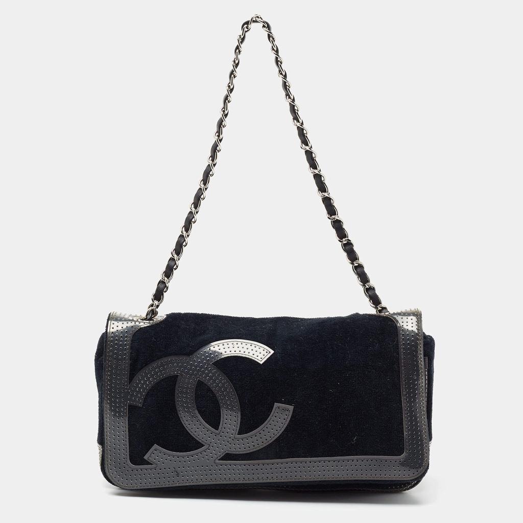 Chanel Black/Grey Corduroy And Patent Leather Cambon Shoulder Bag商品第1张图片规格展示