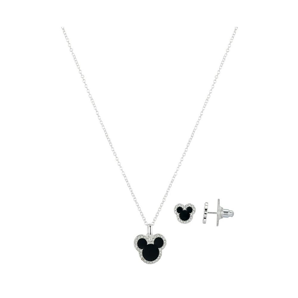 Disney Fine Silver Plated Crystal Black Enamel Mickey Head Pendant Necklace and Earrings Set, 2 Piece商品第1张图片规格展示