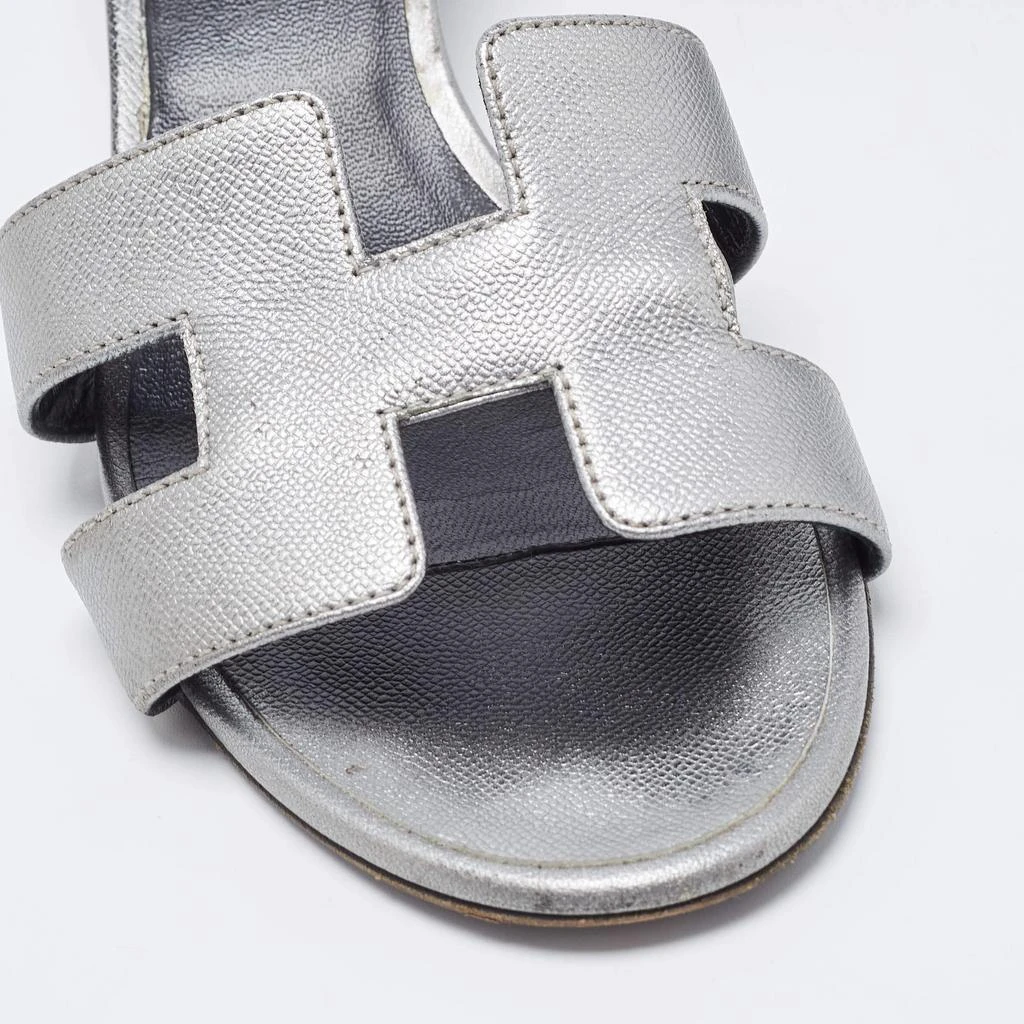 Hermes Sliver Leather Oasis Block Heel Slide Sandals Size 37 商品