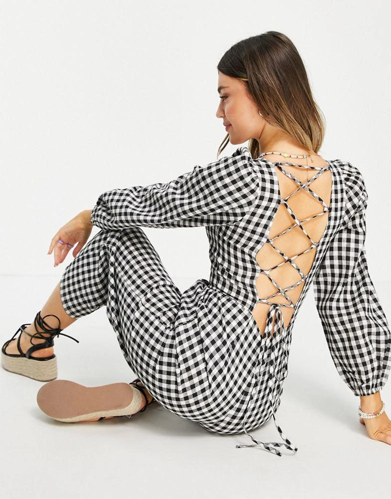 商品Daisy Street|Daisy Street jumpsuit with lace up back in gingham check,价格¥188,第2张图片详细描述