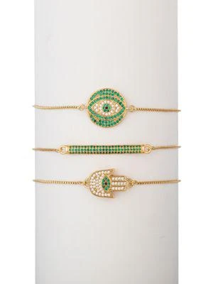 商品Eye Candy LA|The Luxe Collection 3-Piece 18K Yellow Goldplated & Cubic Zirconia Cici Evil Eye Hamsa Bracelet Set,价格¥439,第1张图片