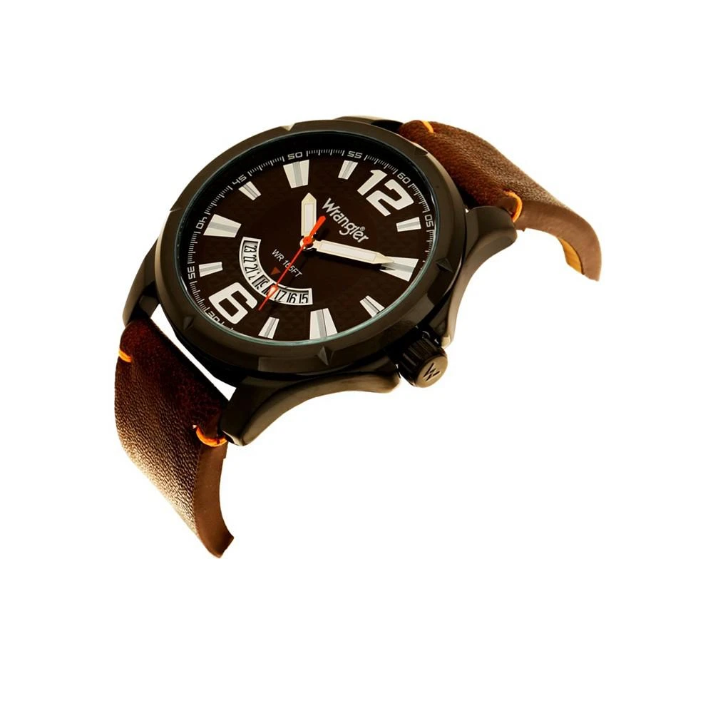 商品Wrangler|Men's Watch, 48MM IP Black Case, Brown Zoned Dial with White Markers and Crescent Cutout Date Function, Brown Strap with Red Accent Stitch Analog, Red Second Hand,价格¥452,第2张图片详细描述