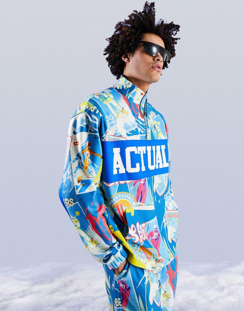 ASOS Actual co-ord oversized quarter zip sweatshirt in polar fleece with all over ski print in blue商品第2张图片规格展示