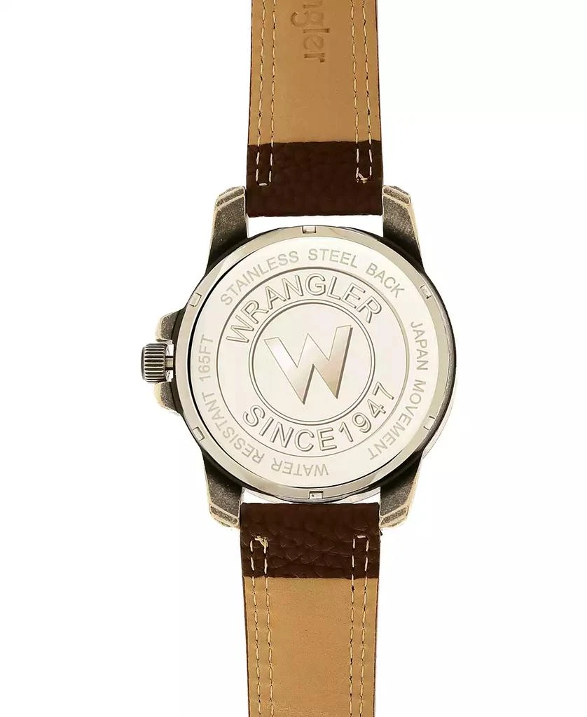 商品Wrangler|Men's Watch, 46MM Silver Sandblasted Case and Bezel, Black Dial, White and Beige Index Markers, Dual Crescent Cutouts For Date Function, Analog Watch with Beige Second Hand, Brown Strap,价格¥425,第4张图片详细描述