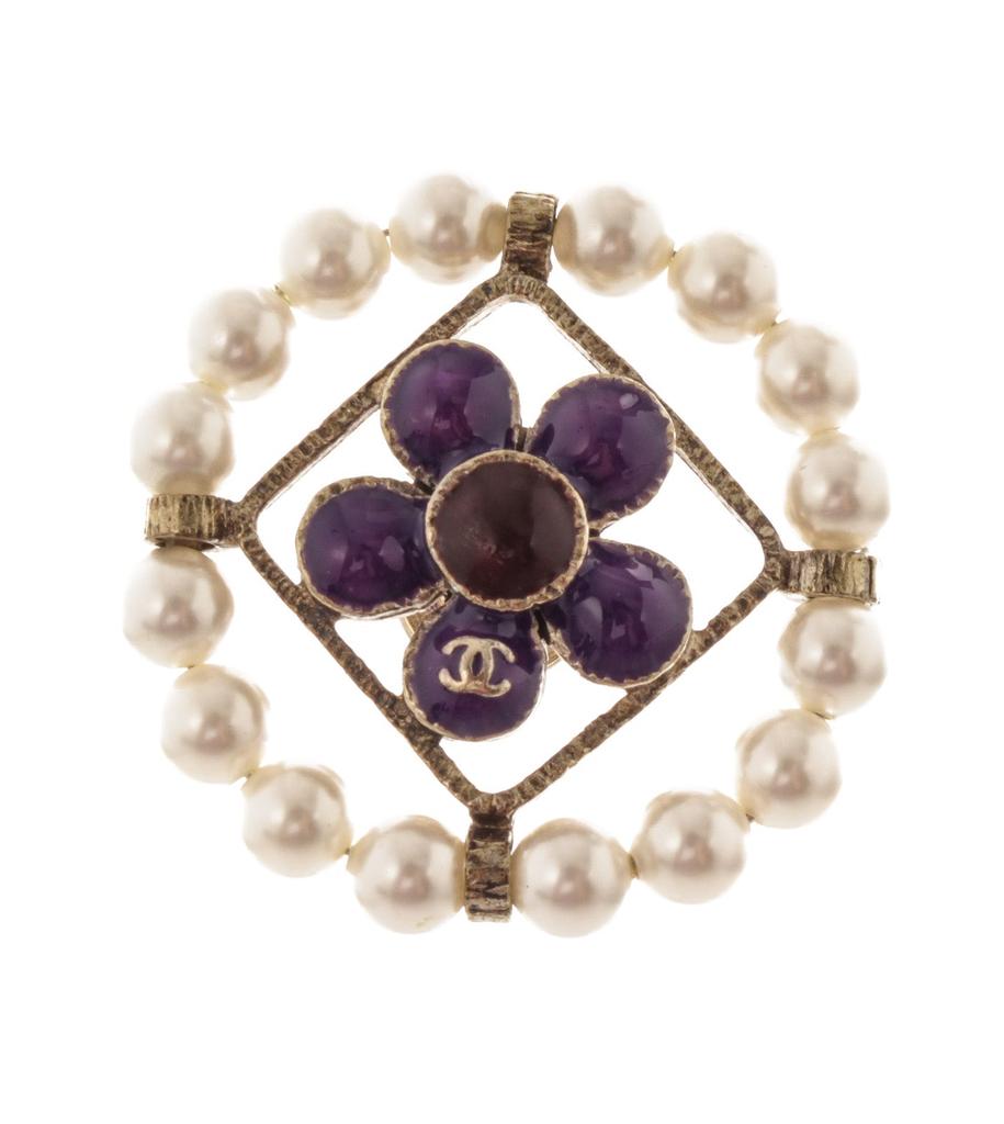 Chanel Gold-tone Purple Stones and Pearls CC Brooch商品第1张图片规格展示