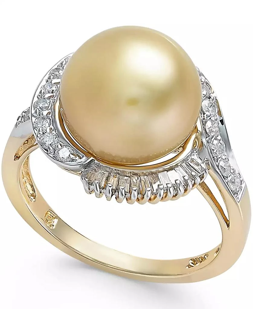 商品Macy's|Cultured Golden South Sea Pearl (11mm) and Diamond Ring (1/2 ct. t.w.) in 14k Gold,价格¥11540,第1张图片