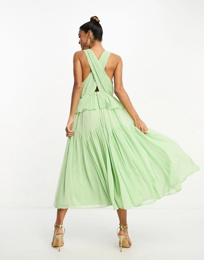商品ASOS|ASOS DESIGN plunge pleated tiered midi dress in sage green,价格¥285,第2张图片详细描述