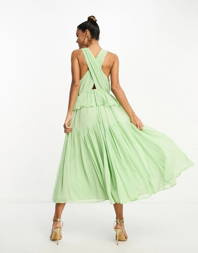 商品ASOS|ASOS DESIGN plunge pleated tiered midi dress in sage green,价格¥289,第2张图片详细描述