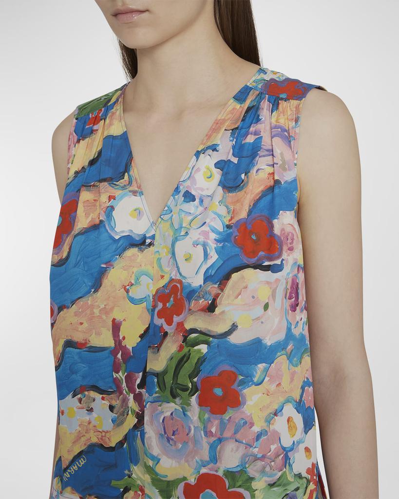 Floral Painting-Print Sleeveless Cotton Blouse商品第4张图片规格展示