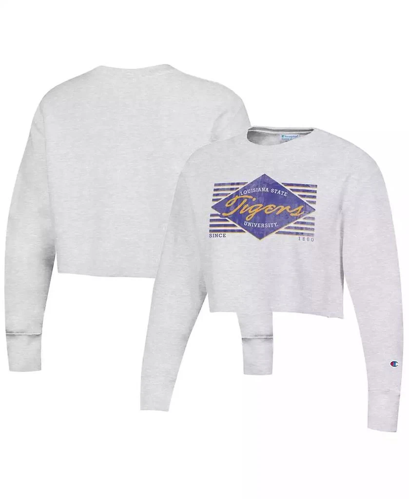 商品CHAMPION|Women's Heather Gray Distressed LSU Tigers Reverse Weave Cropped Pullover Sweatshirt,价格¥502,第1张图片