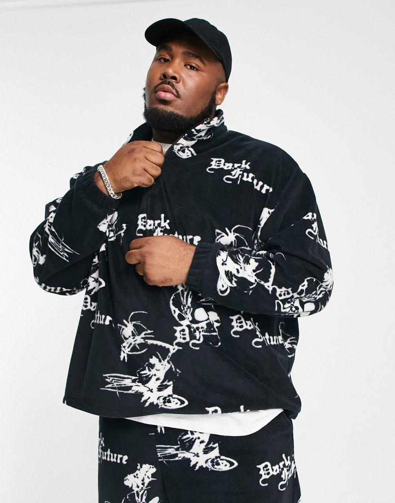商品ASOS|ASOS Dark Future co-ord oversized quarter zip sweatshirt in polar fleece with all over logo print in black,价格¥348,第5张图片详细描述