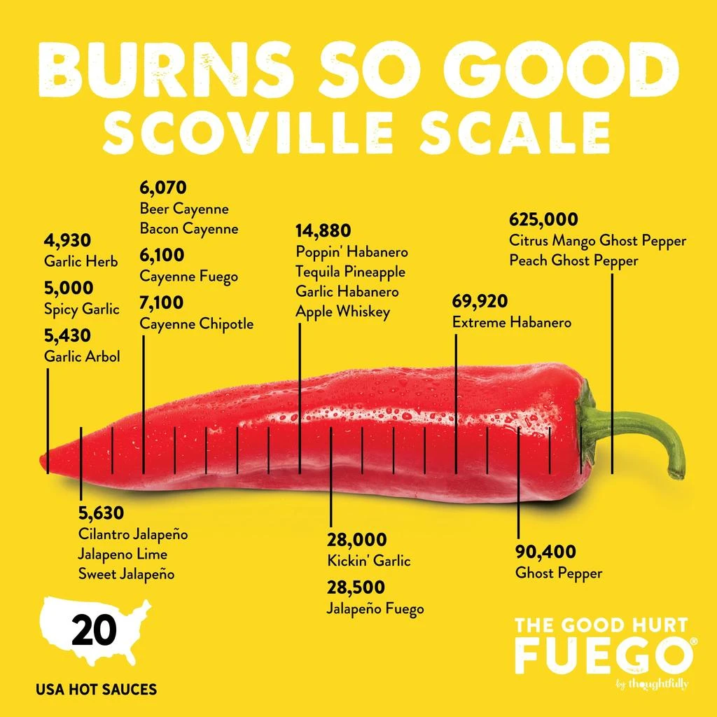 商品Thoughtfully|The Good Hurt Fuego Hot Sauce Gift Set, Delicious and Unique Flavors, Set of 20,价格¥317,第5张图片详细描述