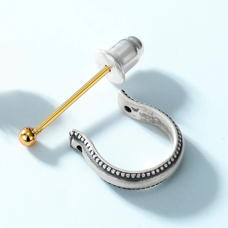 2023新款日系简约几何U型耳环女复古做旧925纯银双色耳环一件 商品