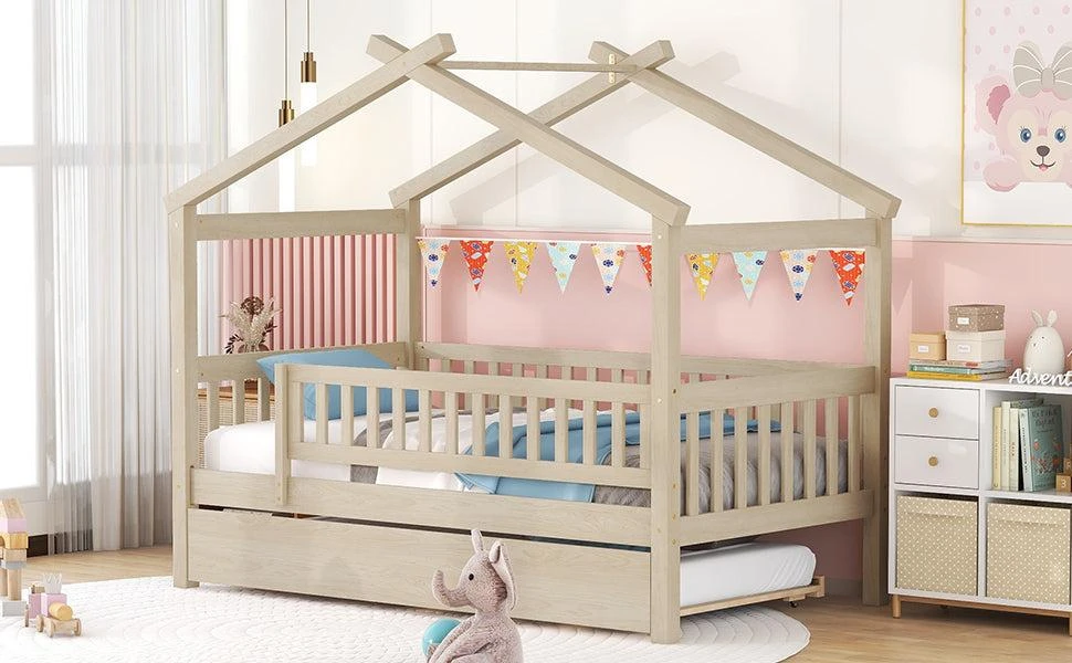商品Streamdale Furniture|Streamdale Twin Size Wooden House Bed With Twin Size Trundle,价格¥4000,第4张图片详细描述
