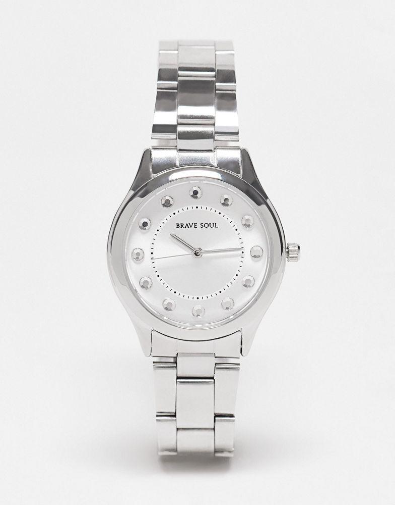 Brave Soul chunky bracelet watch with diamante face detail in silver商品第1张图片规格展示