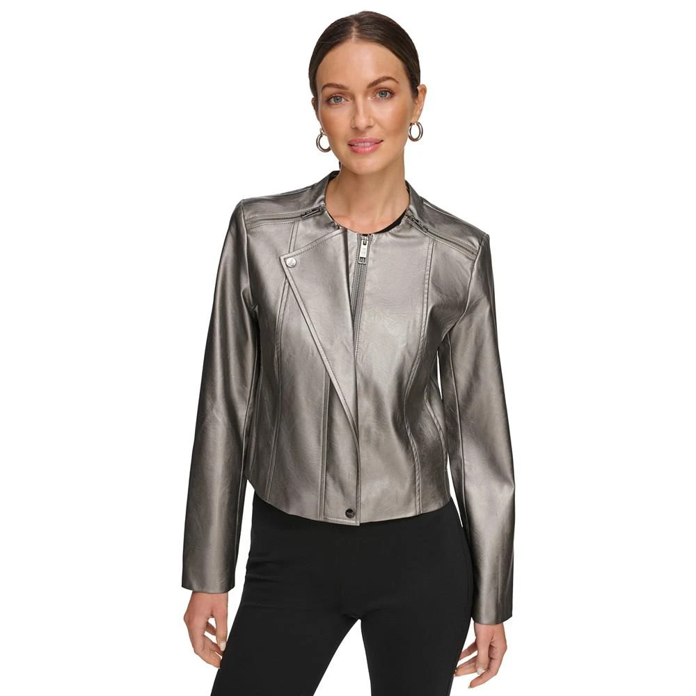 商品DKNY|Women's Faux-Leather Gunmetal Moto Jacket,价格¥714,第1张图片