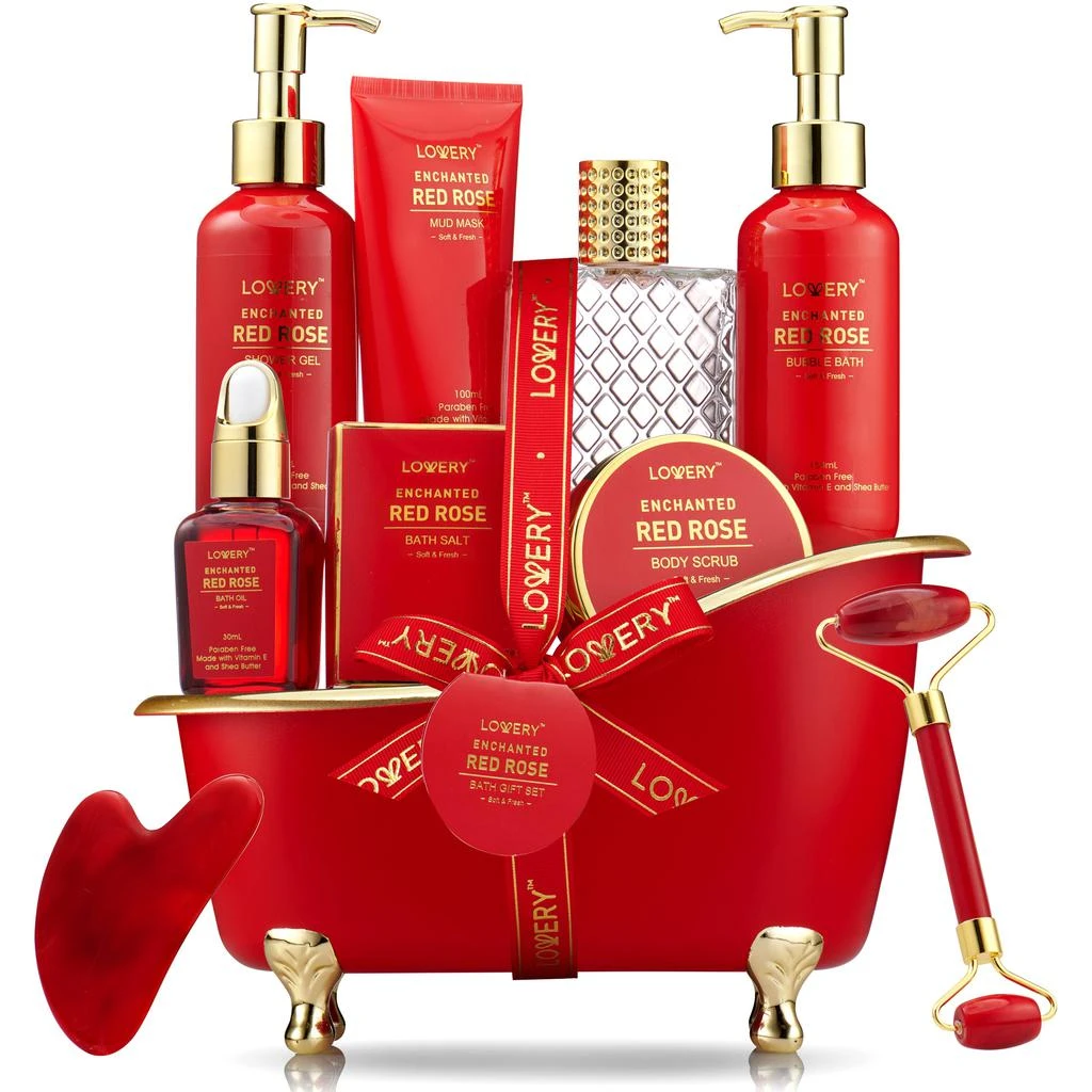 商品Lovery|Luxe 11pc Red Rose Bath and Body Set with Perfume, Jade Roller, Gua Sha & More,价格¥556,第1张图片