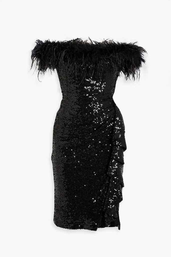 商品Badgley Mischka|Off-the-shoulder feather-embellished sequined tulle dress,价格¥2611,第1张图片