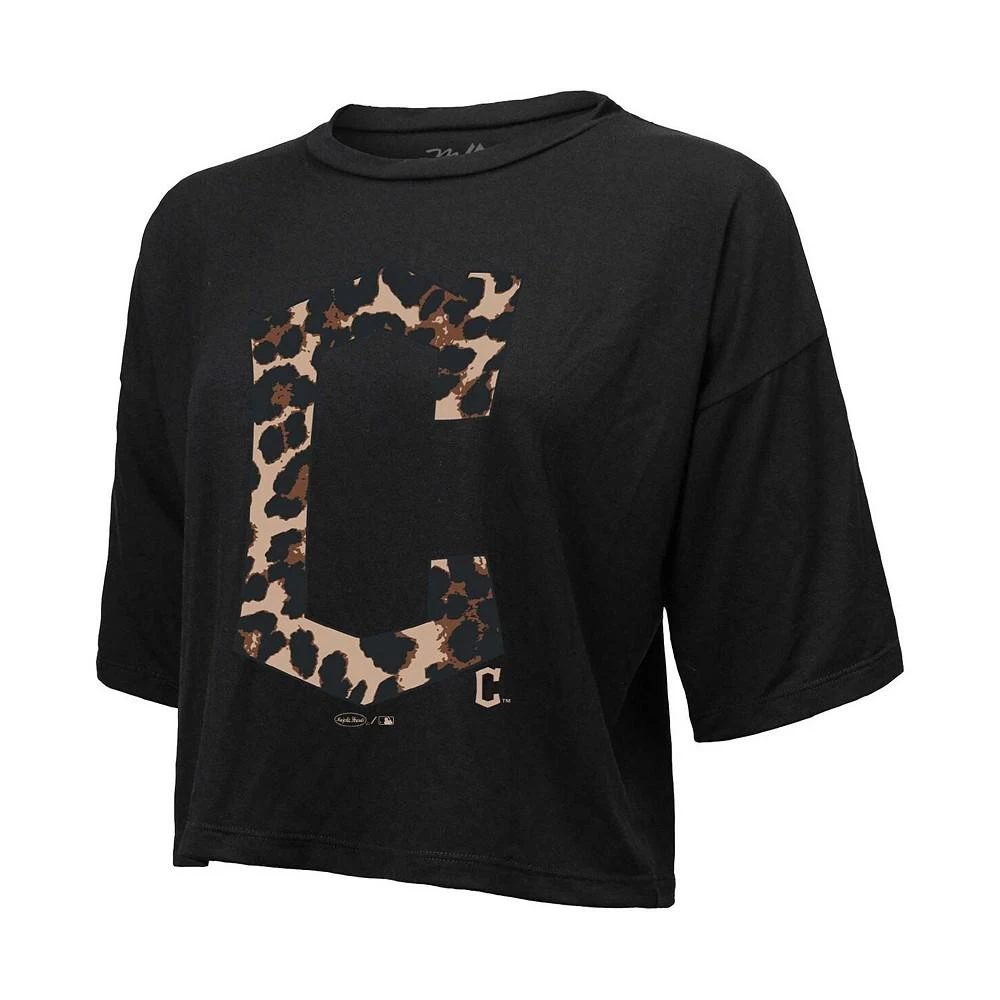 商品Majestic|Women's Threads Black Cleveland Guardians Leopard Cropped T-shirt,价格¥335,第2张图片详细描述
