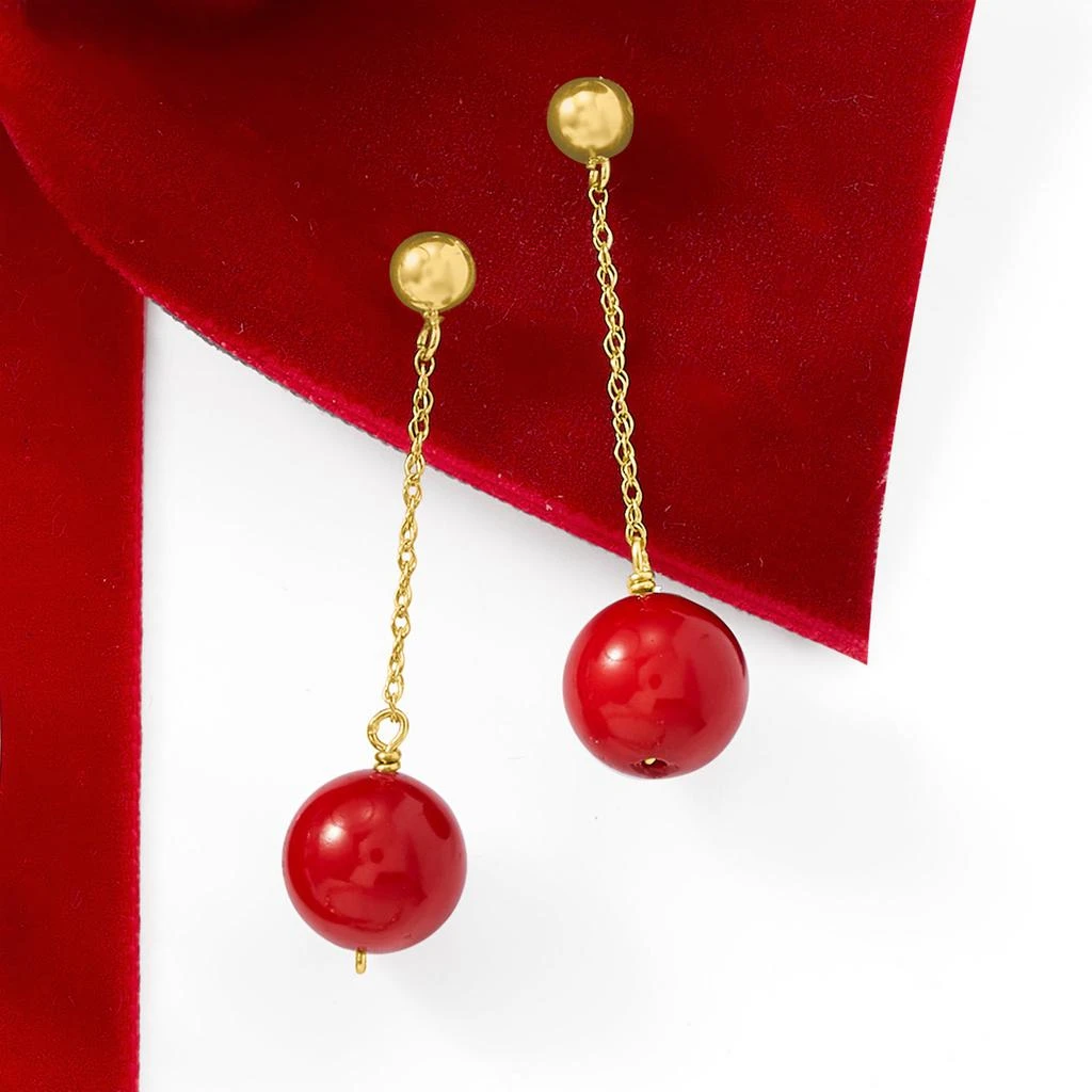 商品Ross-Simons|Ross-Simons 10.5-11mm Red Coral Bead Drop Earrings in 14kt Yellow Gold,价格¥738,第4张图片详细描述