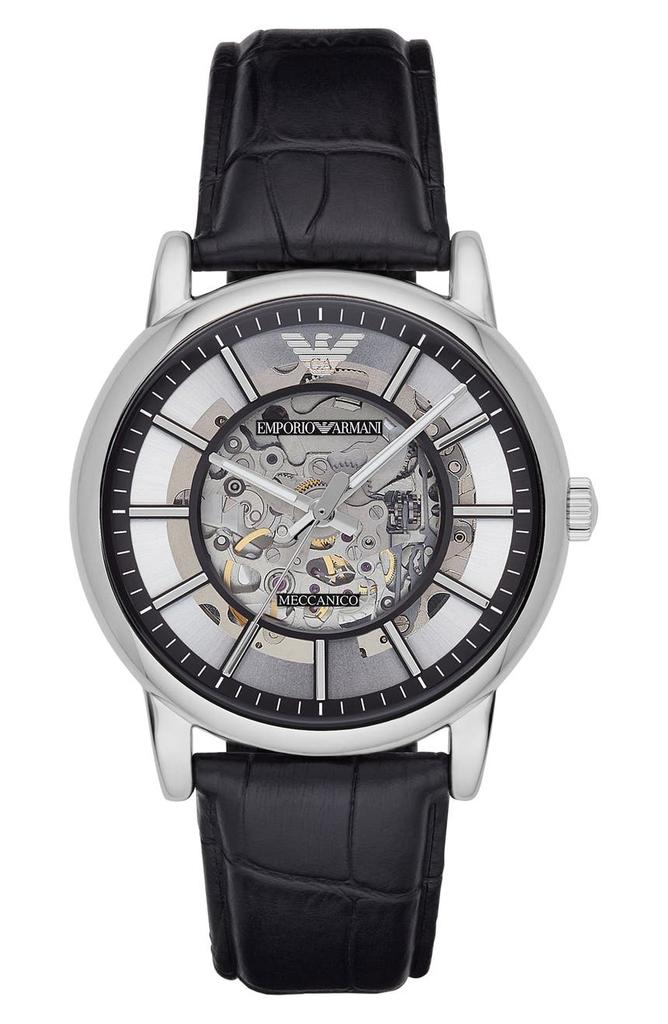 Men's Automatic Skeleton Dial Leather Strap Watch, 43mm商品第1张图片规格展示