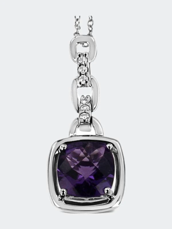 商品Haus of Brilliance|.925 Sterling Silver 6x6MM Cushion Shaped Natural Purple Amethyst and Diamond Accented Bale 18" Inch Pendant Necklace,价格¥2899,第1张图片