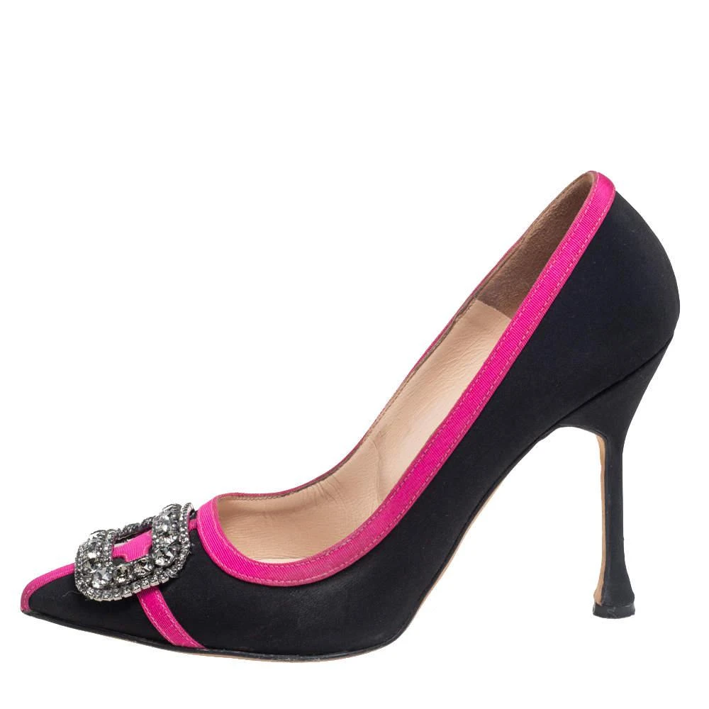 商品[二手商品] Manolo Blahnik|Manolo Blahnik Black/Pink Satin Okkava Crystal Embellished Pumps Size 37,价格¥1384,第2张图片详细描述