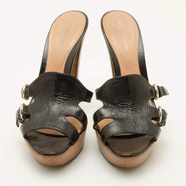 商品[二手商品] Sergio Rossi|Sergio Rossi Black Leather Wooden Platform Slides Size 38,价格¥927,第3张图片详细描述