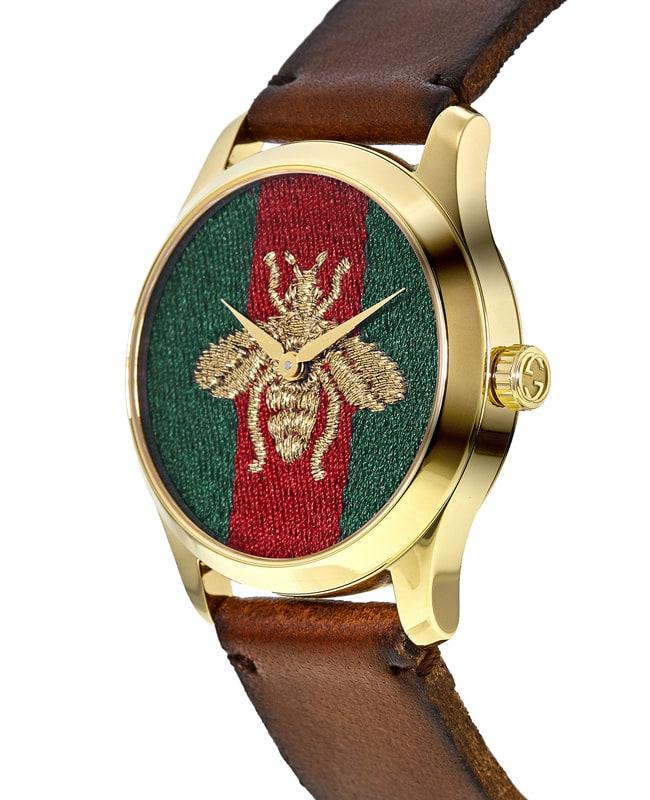 Gucci G-Timeless Gold Tone Green & Red Bee Dial Leather Strap Unisex Watch YA126451A商品第3张图片规格展示
