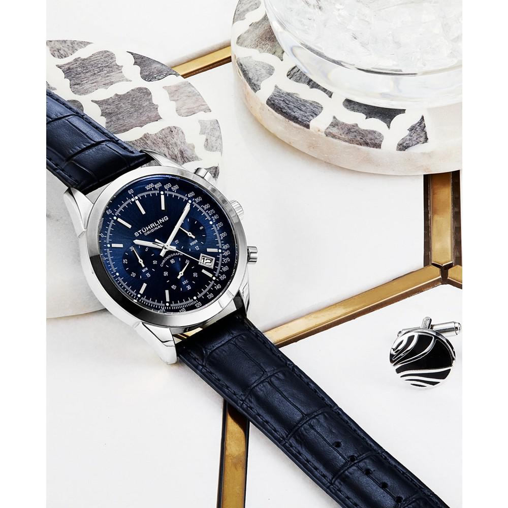 Men's Quartz Chronograph Date Blue Alligator Embossed Genuine Leather Strap Watch 44mm商品第4张图片规格展示