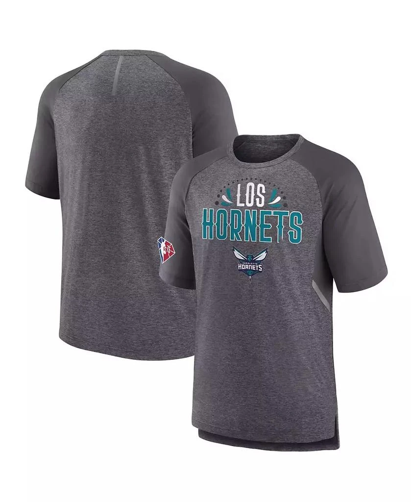 商品Fanatics|Men's Heathered Gray Charlotte Hornets 2022 Noches Ene-Be-A Core Shooting Raglan T-shirt,价格¥301,第2张图片详细描述