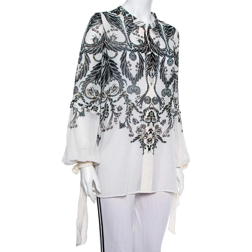 商品[二手商品] Just Cavalli|Just Cavalli Monochrome Printed Silk Sleeve Tie Detail Top M,价格¥1496,第2张图片详细描述