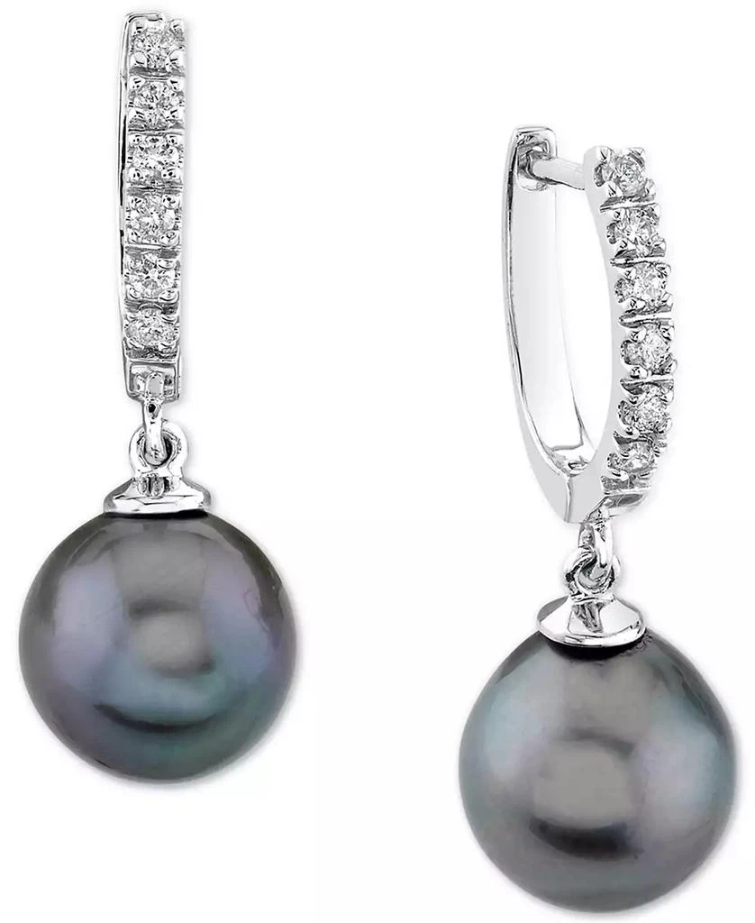 商品Macy's|Cultured Golden South Sea Pearl (9mm) & Diamond (1/5 ct. t.w.) Hoop Dangle Drop Earrings in 14k Gold,价格¥2826,第1张图片