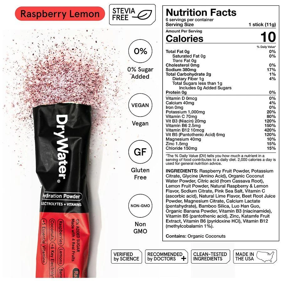 商品DryWater|Raspberry Lemon Electrolytes + Vitamins Powder, No Stevia,价格¥92,第5张图片详细描述