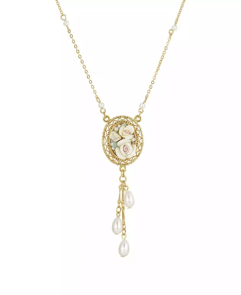 商品2028|Women's Gold Tone Ivory Porcelain Rose Oval Pendant with Imitation Pearl Drop Necklace,价格¥535,第1张图片