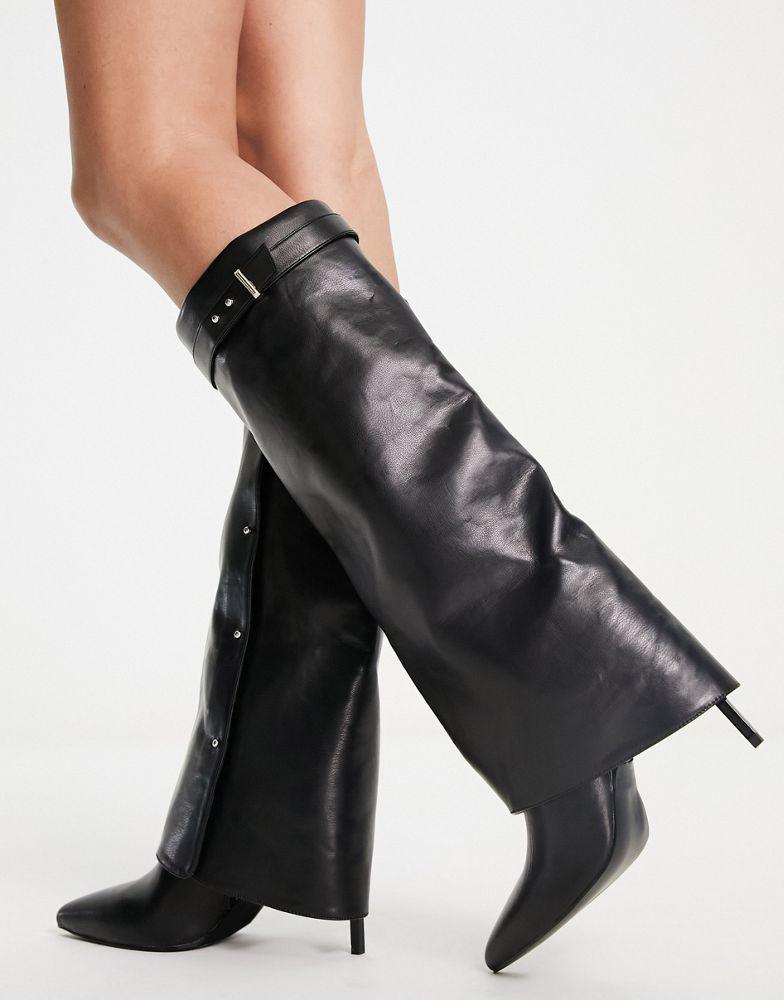 ASOS DESIGN Clearly high-heeled fold over knee boots in black商品第4张图片规格展示