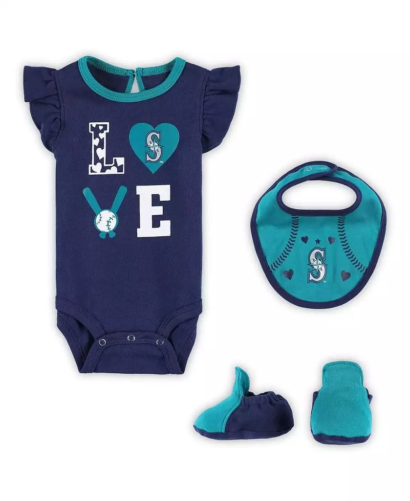 商品Outerstuff|Newborn and Infant Boys and Girls Navy, Aqua Seattle Mariners Three-Piece Love of Baseball Bib Bodysuit and Booties Set,价格¥241,第1张图片