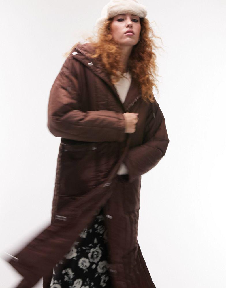 Topshop longline quilted liner coat in chocolate商品第1张图片规格展示
