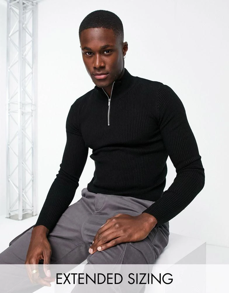 商品ASOS|ASOS DESIGN lightweight rib jumper with half zip in black,价格¥240,第1张图片