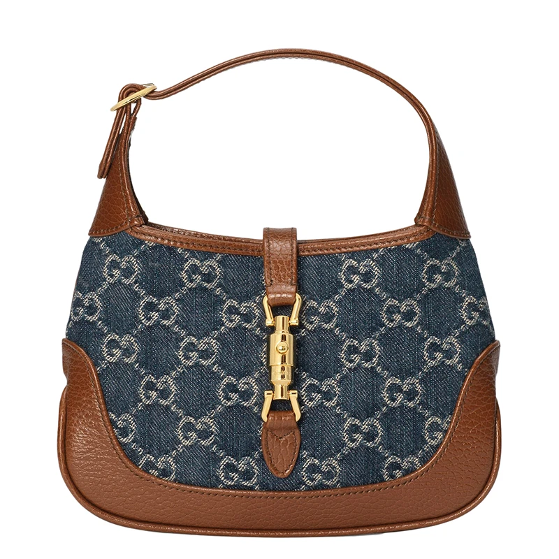 商品Gucci|GUCCI/古驰 Jackie 1961系列 女士迷你双G深蓝色米色牛仔布棕色小牛皮金饰手提单肩包,价格¥12518,第1张图片