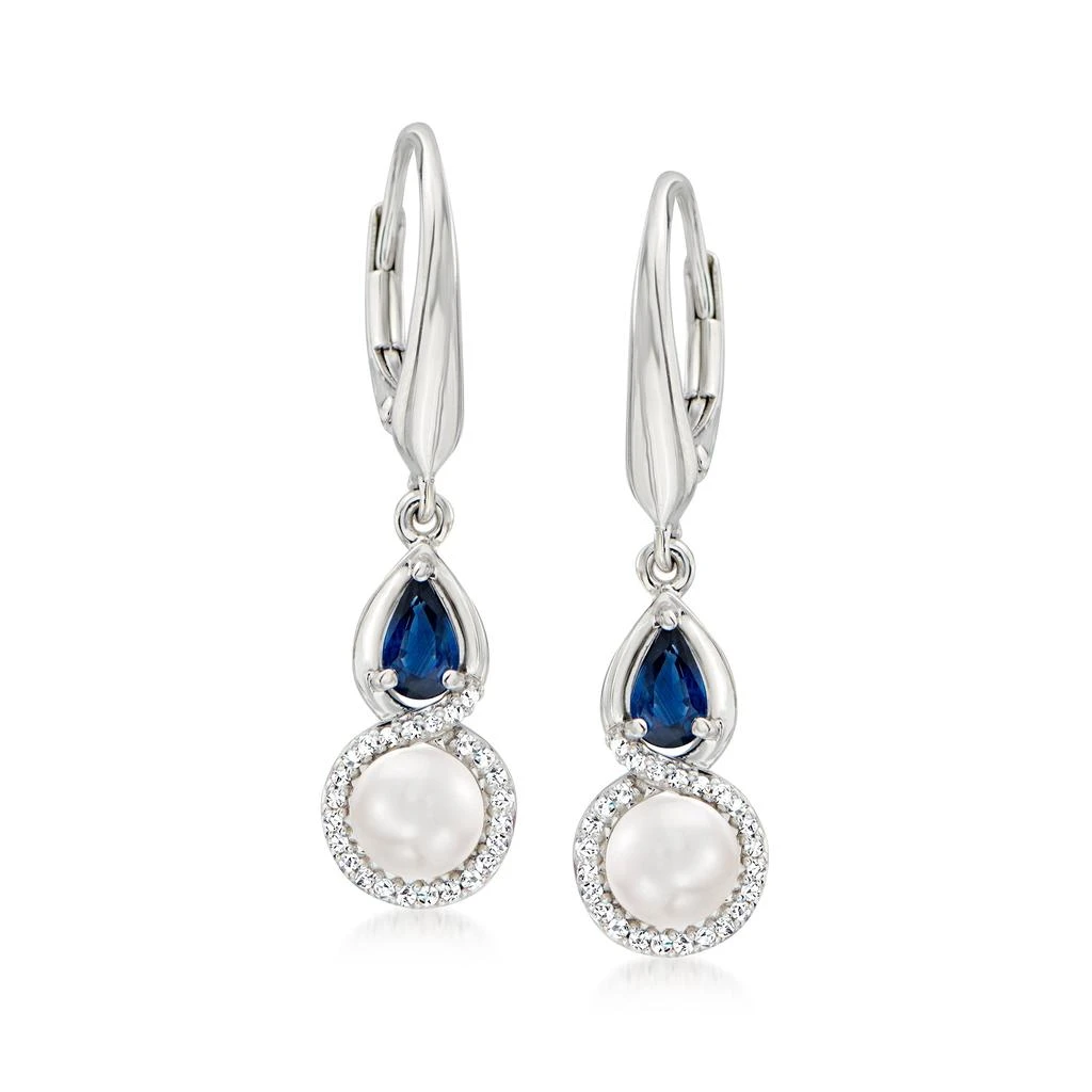 商品Ross-Simons|Ross-Simons 5mm Cultured Pearl and . Sapphire Drop Earrings With . Diamonds in Sterling Silver,价格¥947,第1张图片