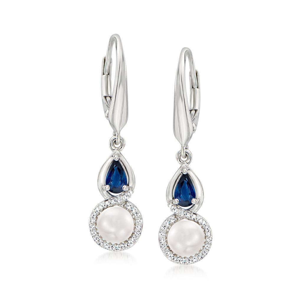 商品Ross-Simons|Ross-Simons 5mm Cultured Pearl and . Sapphire Drop Earrings With . Diamonds in Sterling Silver,价格¥1458,第1张图片