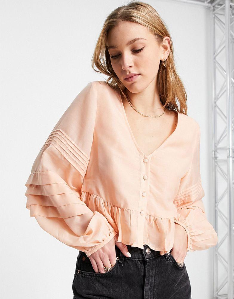 ASOS DESIGN button through top with pleated sleeve in peach商品第1张图片规格展示